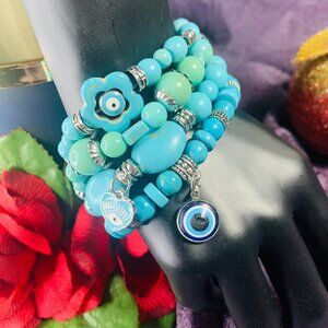 One-Of-A-Kind Evil Eye Charm, Magnesite, Acrylic & Pewter Bead Bracelet Set